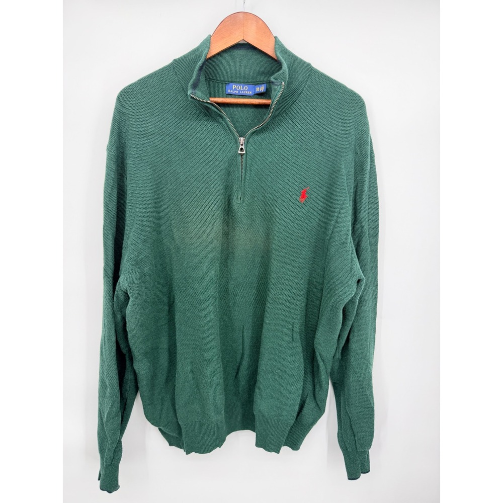 Polo Ralph Lauren Sweater Mens XXL Green Excellent Pima Cotton 1/4 Zip Pony